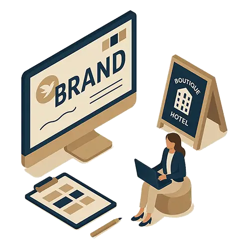 Isometric illustration representing hotel branding services, including brand strategy workshops, visual identity design, and marketing collateral development.