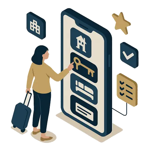 Isometric graphic of the Guest Journey Revamp process, highlighting hotel guest services enhancements across booking, arrival, stay, and post-stay engagement.