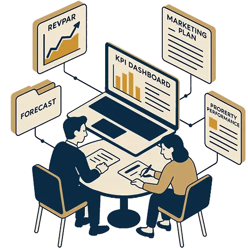 Isometric graphic representing Hands-On Ownership Support, showing collaboration, strategy, and execution beyond typical hotel management companies.