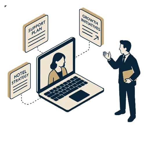 Illustration representing how to improve hotel operations through fractional leadership, with icons for revenue strategy, sales and marketing, operations guidance, and GM mentorship.