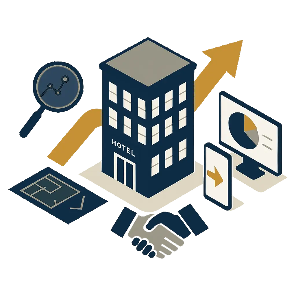 Isometric graphic representing services offered by third party hotel management companies, including revenue strategy, digital marketing, and operational leadership for independent hotels.
