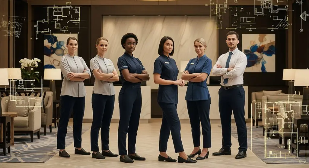 Team of hospitality professionals from a boutique hotel management company standing in a modern hotel lobby with blueprint overlays.