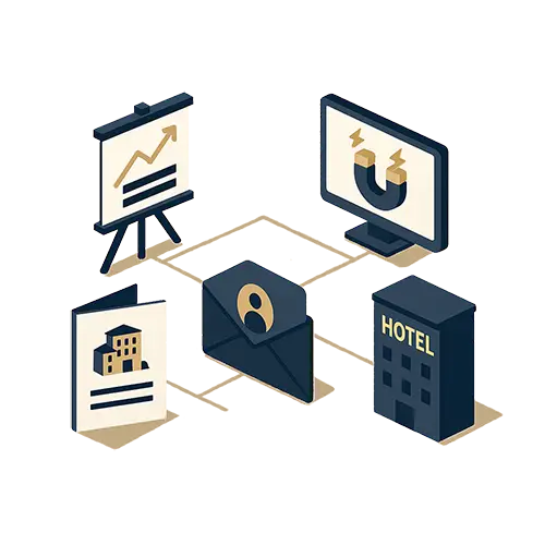 Isometric graphic representing sales and marketing acceleration, highlighting digital marketing for independent hotels through outreach, branding, and lead generation strategies.