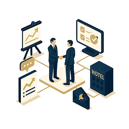 Isometric illustration representing strategic consulting and à la carte services by hotel consultants for independent hotels.