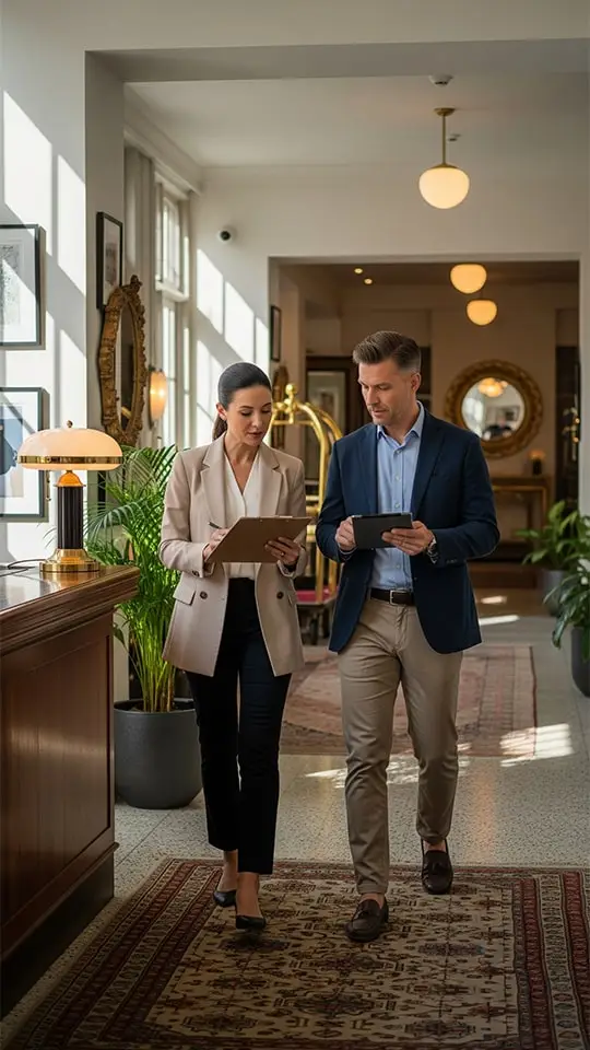 Two hotel managers walking through a hotel lobby, reviewing performance reports on a clipboard and tablet.