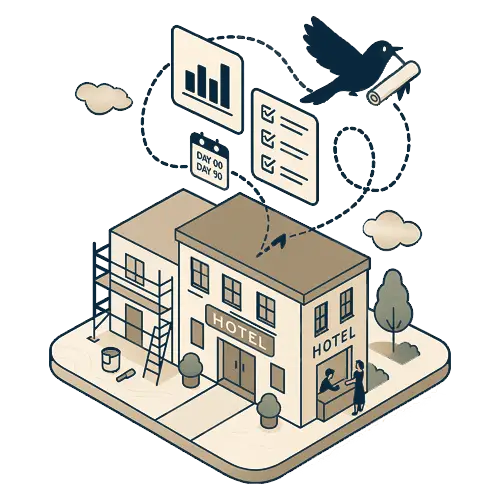 Isometric illustration of The Nightingale 90-Day Hotel Recovery Plan, showing strategic steps to restore hotel performance.