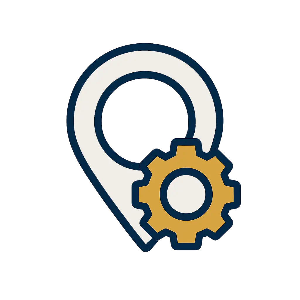Map pin with gear icon representing service delivery