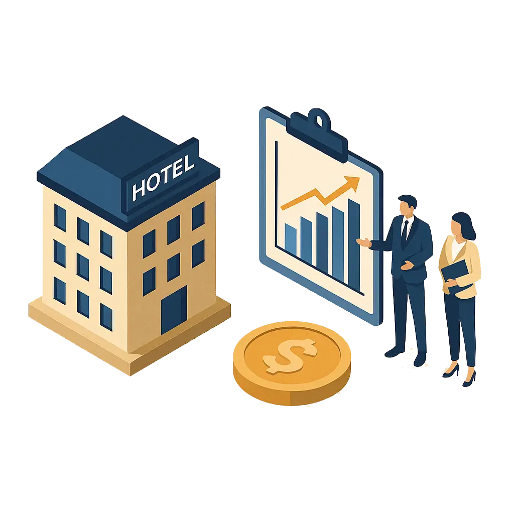 Isometric illustration representing hotel asset management services for owners, showing strategic planning, operational excellence, and revenue growth.