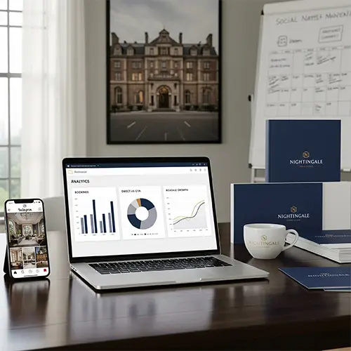 Modern workspace with laptop, notebook, and coffee cup, symbolizing strategic hotel marketing and digital campaign planning