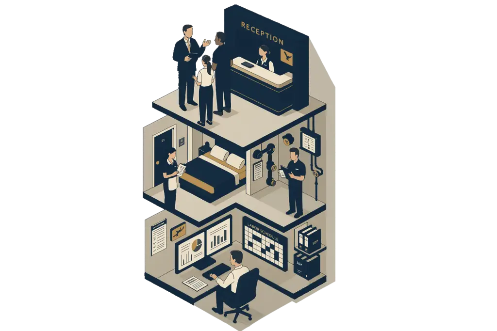 Isometric illustration representing hotel management services, including SOP development, labor optimization, and preventive maintenance.